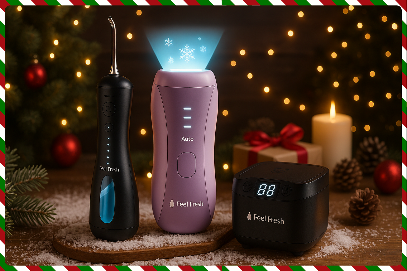 Feel Fresh dental care products including a black and purple device with a digital display on a festive background.