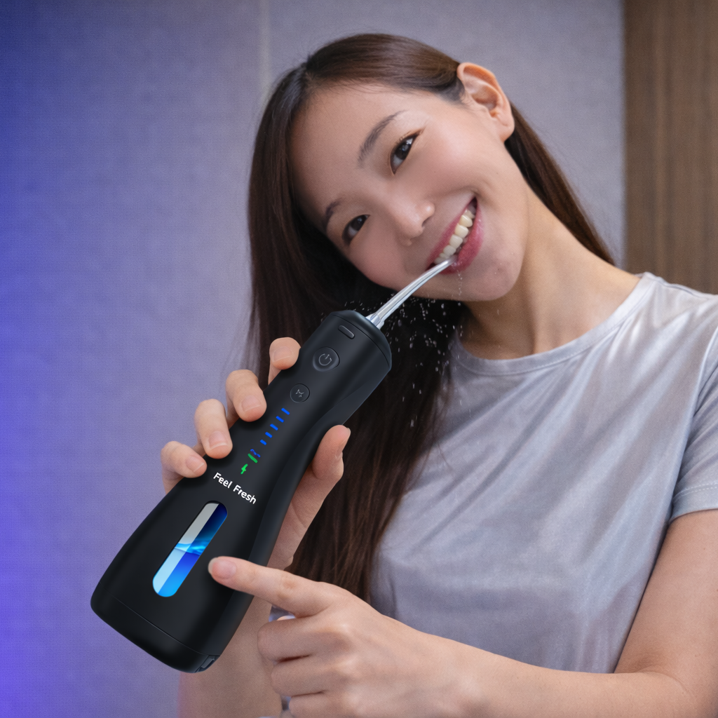 Woman using a black dental water flosser with a blue light on a gradient background