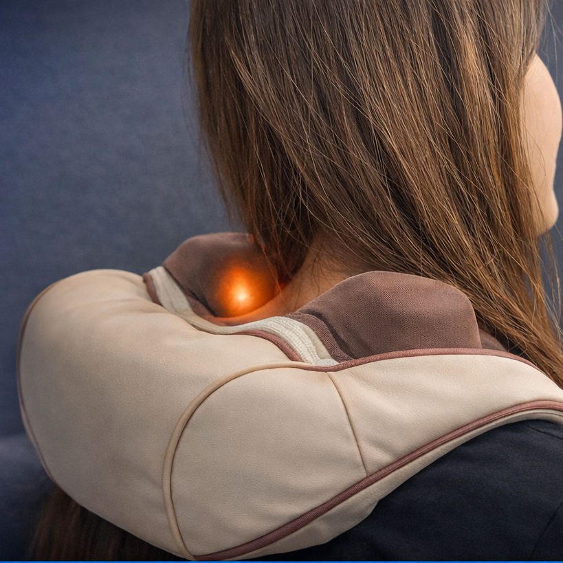 Person using a neck and shoulder massager with glowing indicator light on a dark background