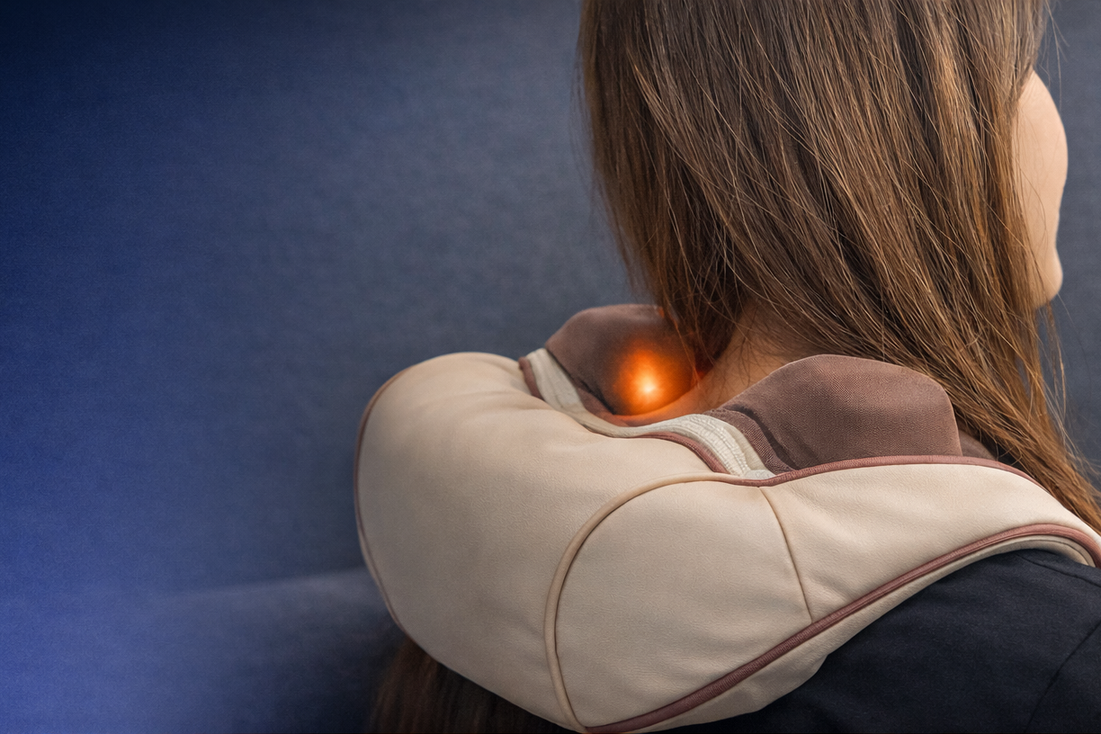 Person using a neck and shoulder massager with glowing indicator light on a dark background